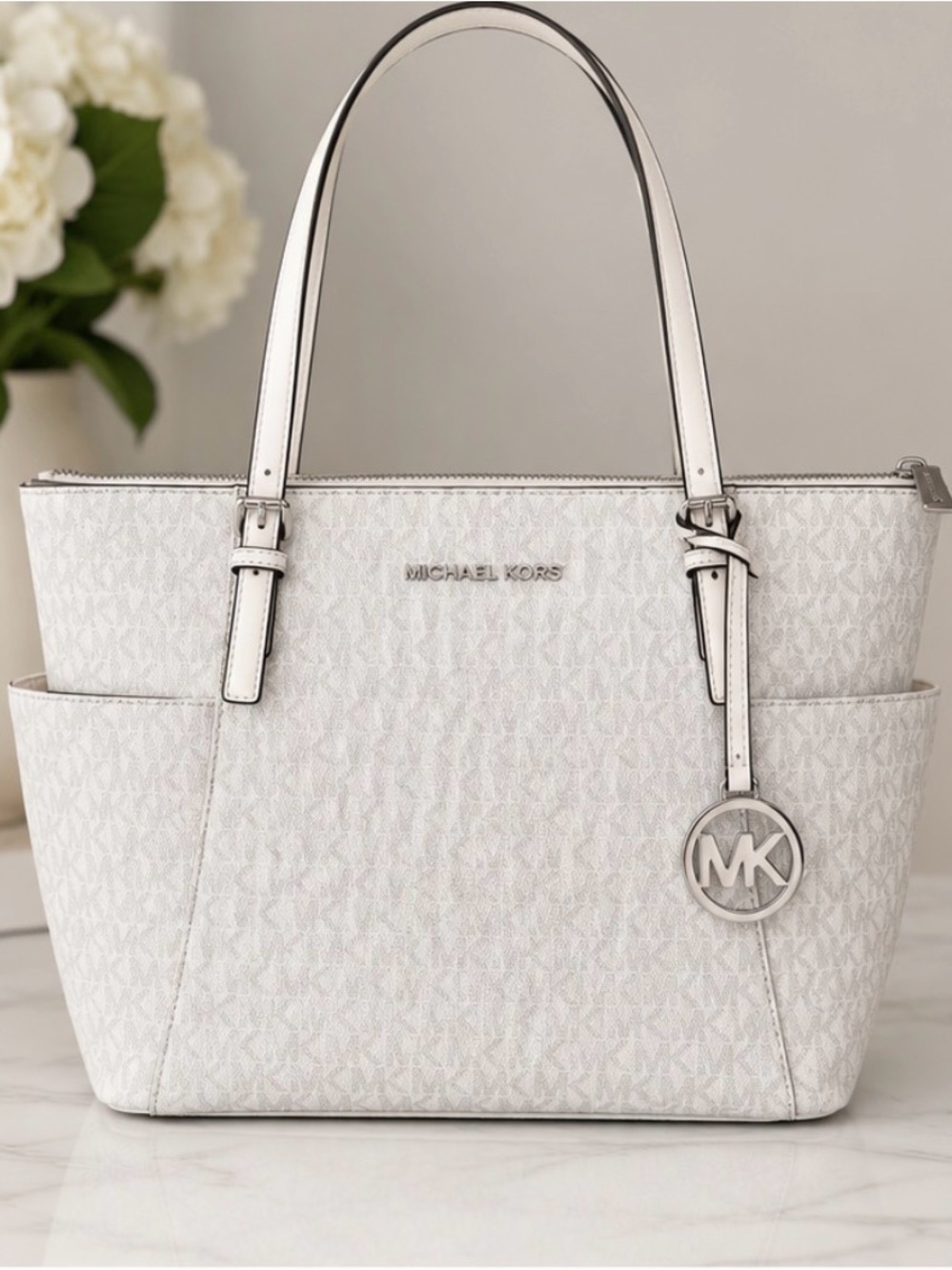 Michael Kors White Signature Logo Tote with Silver Hardware